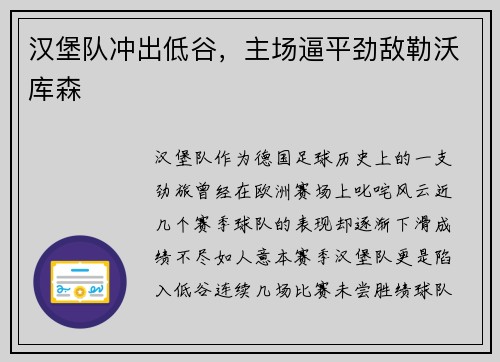汉堡队冲出低谷，主场逼平劲敌勒沃库森