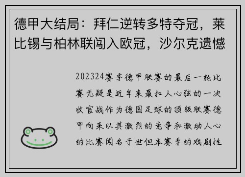 德甲大结局：拜仁逆转多特夺冠，莱比锡与柏林联闯入欧冠，沙尔克遗憾降级