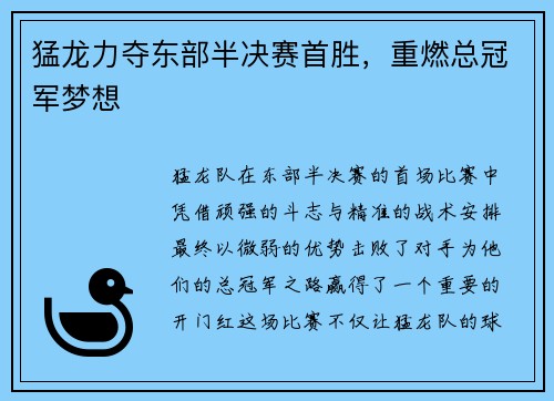 猛龙力夺东部半决赛首胜，重燃总冠军梦想