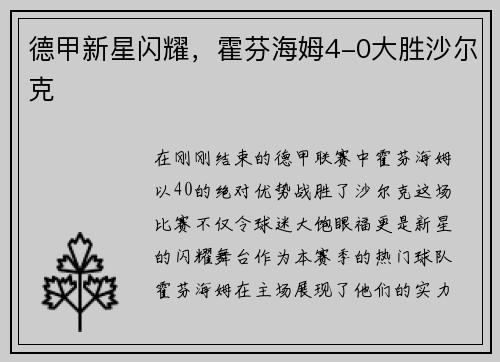 德甲新星闪耀，霍芬海姆4-0大胜沙尔克
