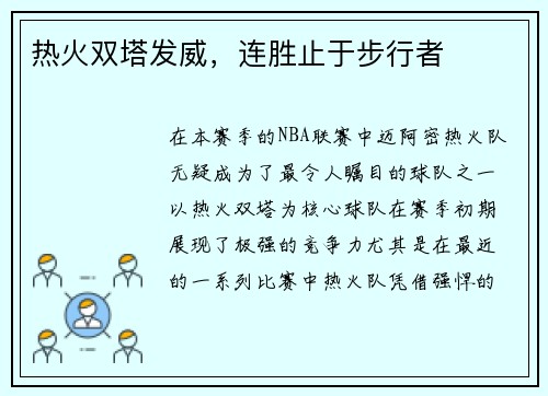 热火双塔发威，连胜止于步行者