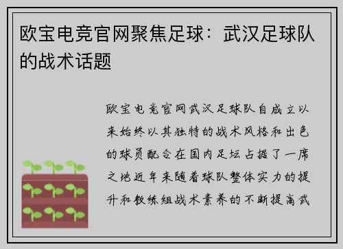欧宝电竞官网聚焦足球：武汉足球队的战术话题