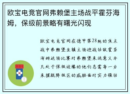 欧宝电竞官网弗赖堡主场战平霍芬海姆，保级前景略有曙光闪现