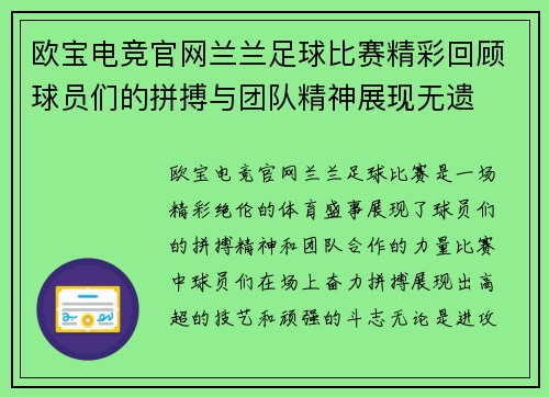 欧宝电竞官网兰兰足球比赛精彩回顾球员们的拼搏与团队精神展现无遗