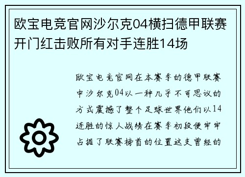 欧宝电竞官网沙尔克04横扫德甲联赛开门红击败所有对手连胜14场