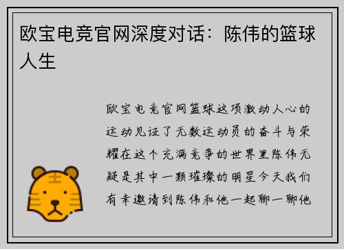 欧宝电竞官网深度对话：陈伟的篮球人生